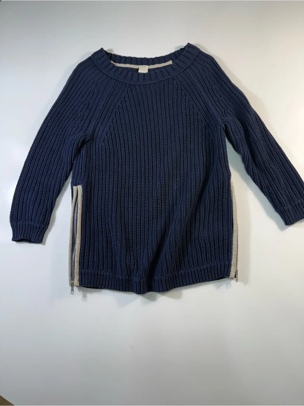 J. Crew 100% Cotton Navy Crewneck Sweater with Side Zips